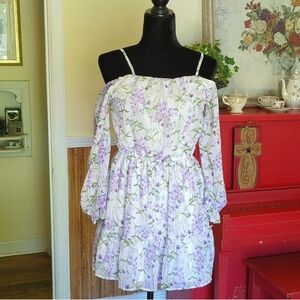 Floral Off-Shoulder Long Sleeve Flare Skirt Girls Casual Midi Dress